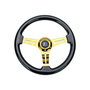 [Custom Tabs] HiwowSport 14"(350mm) Wood Grain Steering Wheel 6 Bolts 1.5" Depth Dish Gold Chrome Spoke Fit for Acura Gold Color
